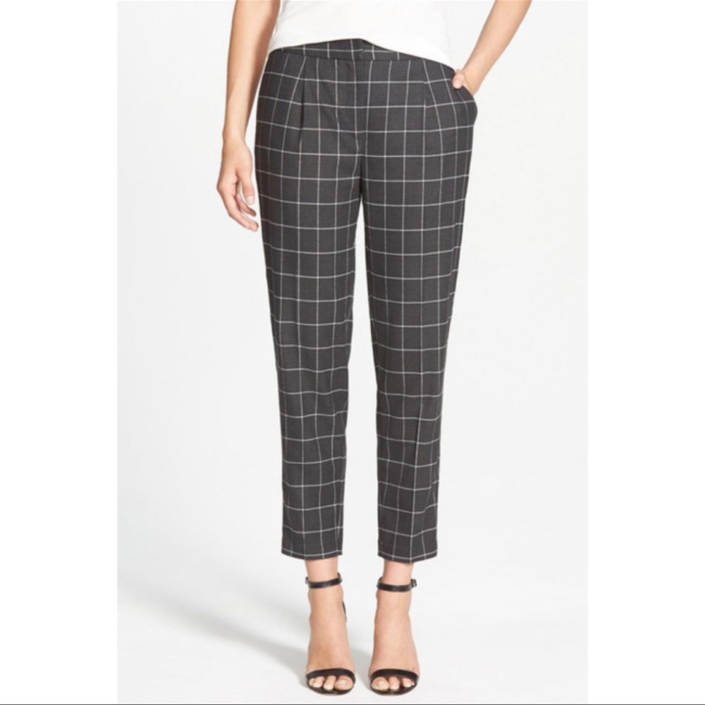 Nordstrom Trouve Pleated Trousers Plaid Windowpane Brushed Flannel Grey